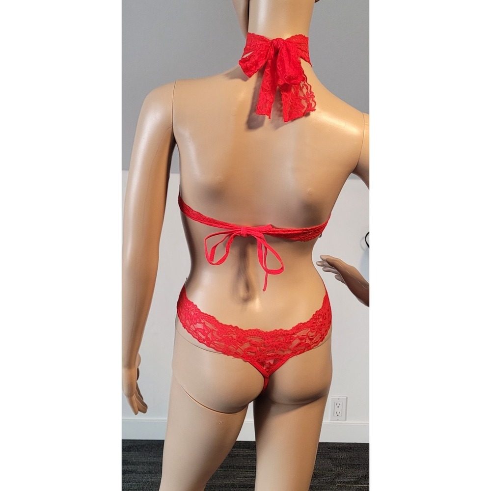 Women's Sexy Red with Black Lace Up Nylon Teddy  With G-String Bottom Size S/M‎ - Picture 8 of 10